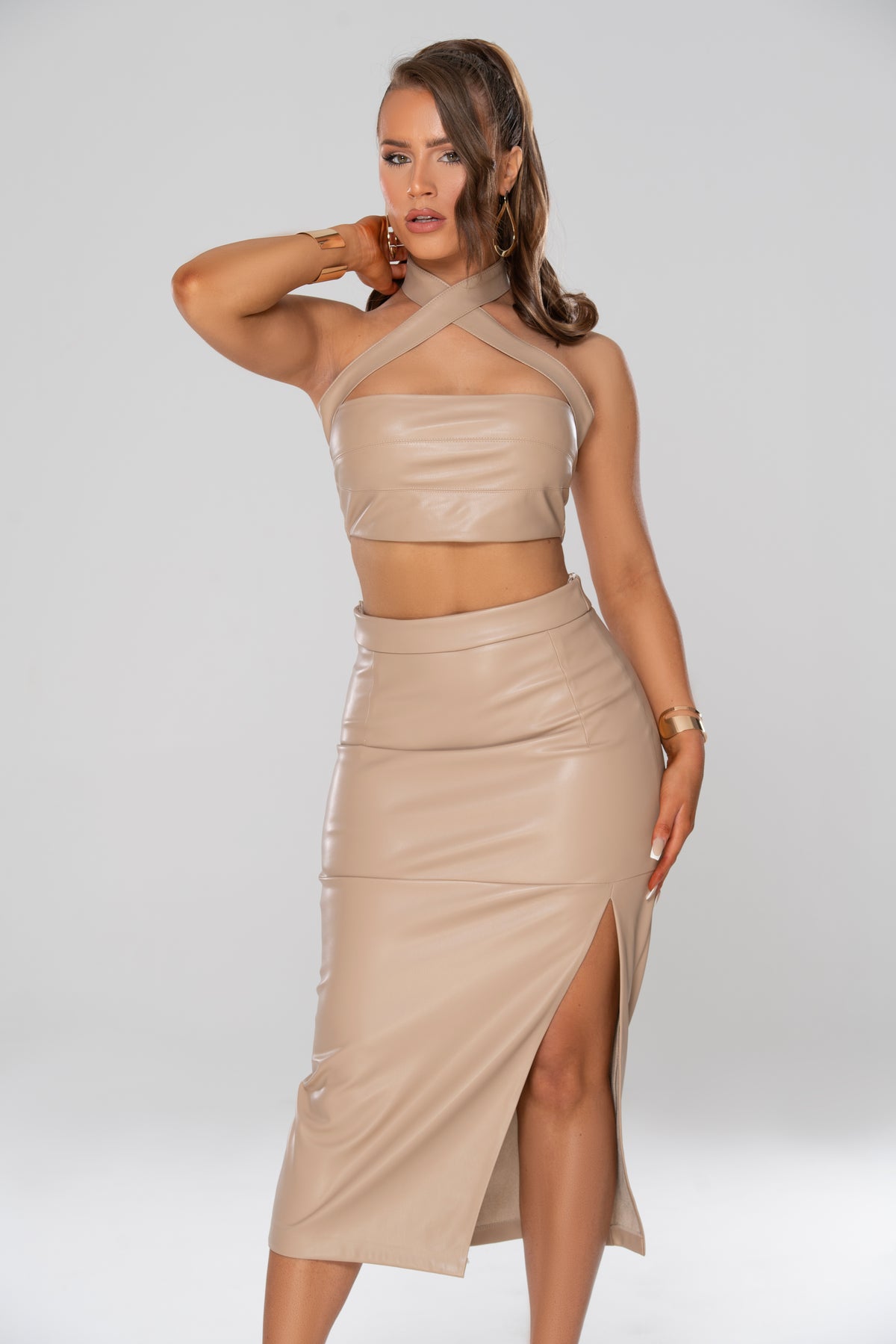 Nudef aux leather co-ord skirt and top set