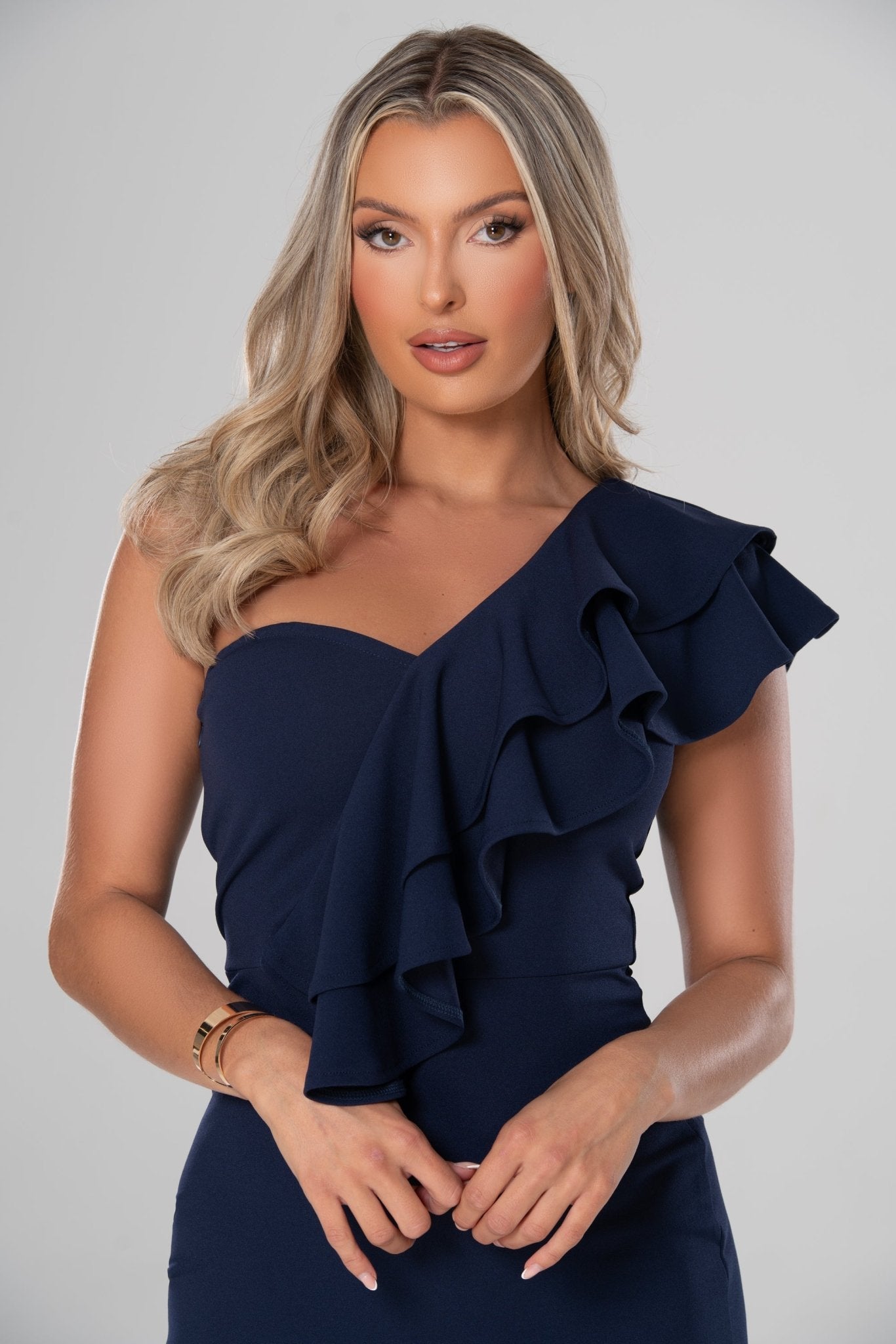 Cascade Navy Blue Waterfall Frill Midi Dress Potere Clothing Cascade Navy Blue Waterfall Frill Midi Dress Potere Clothing