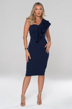 Cascade Navy Blue Waterfall Frill Midi Dress - Potere ClothingDress