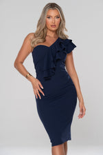 Cascade Navy Blue Waterfall Frill Midi Dress - Potere ClothingDress