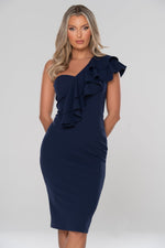 Cascade Navy Blue Waterfall Frill Midi Dress - Potere ClothingDress