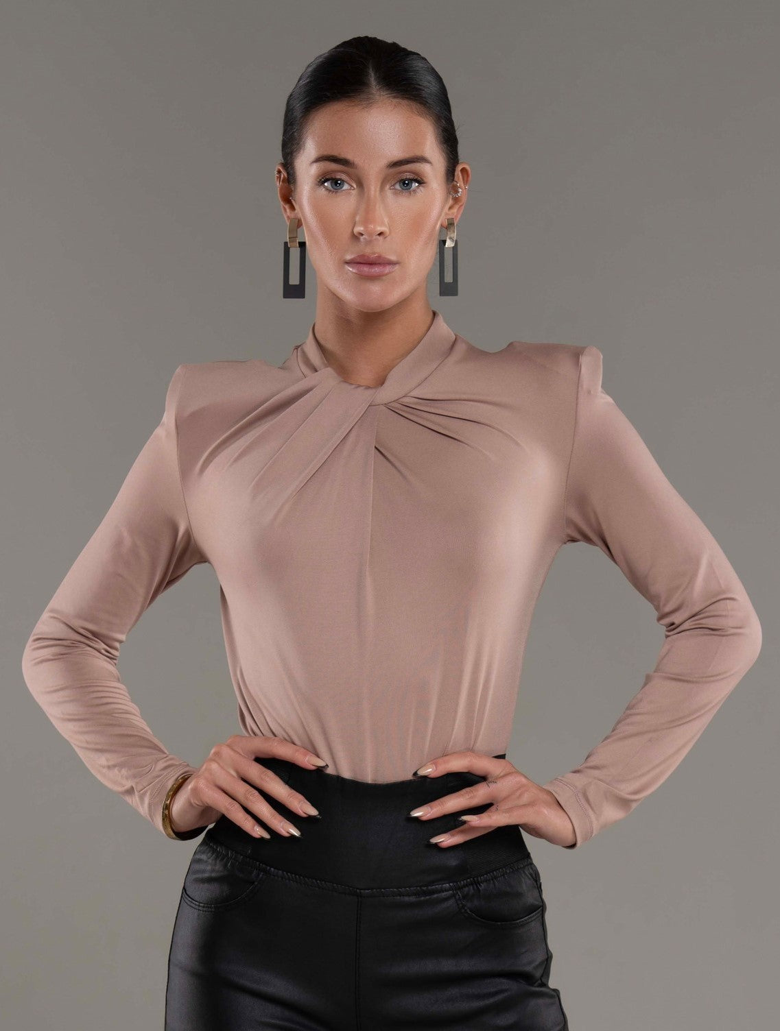 Nude Vergara Long-Sleeved High-Neck Bodysuit