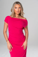 Elle Bright Pink Off - Shoulder Midi Dress - Potere ClothingDress