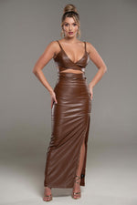 Mila 2 Piece PU Brown Skirt Set