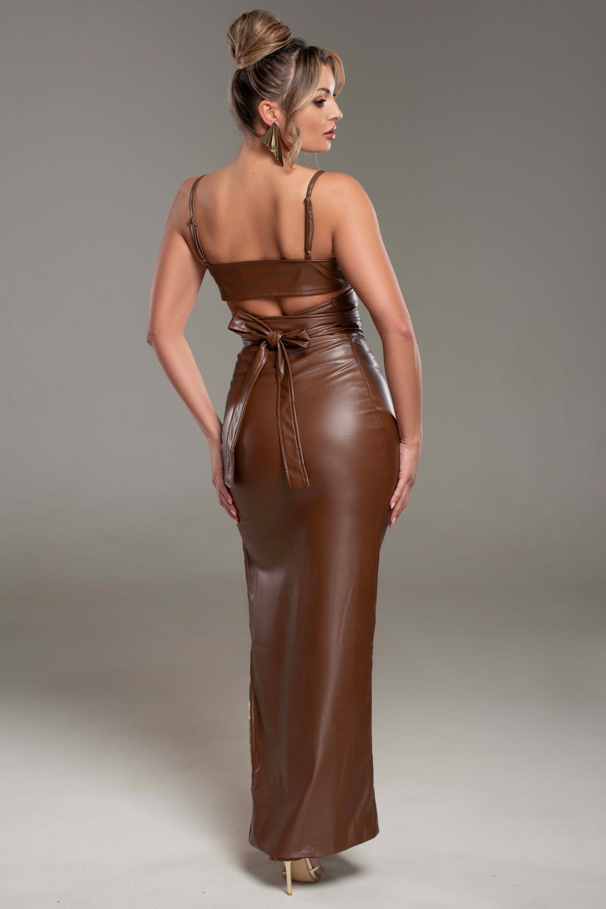 Mila 2 Piece PU Brown Skirt Set