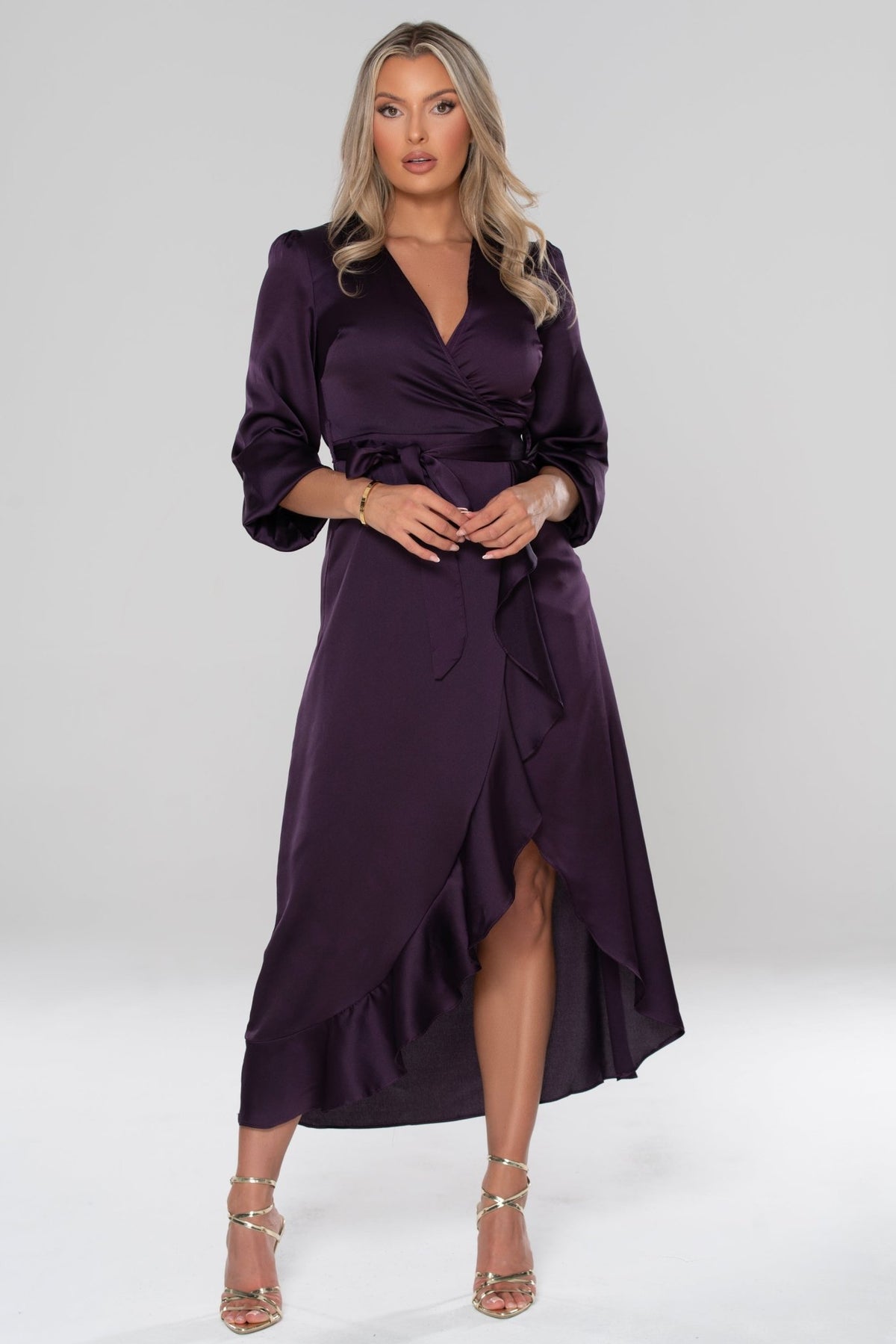 Viola Purple Long Sleeve Wrap Satin Maxi Dress - Potere ClothingDress